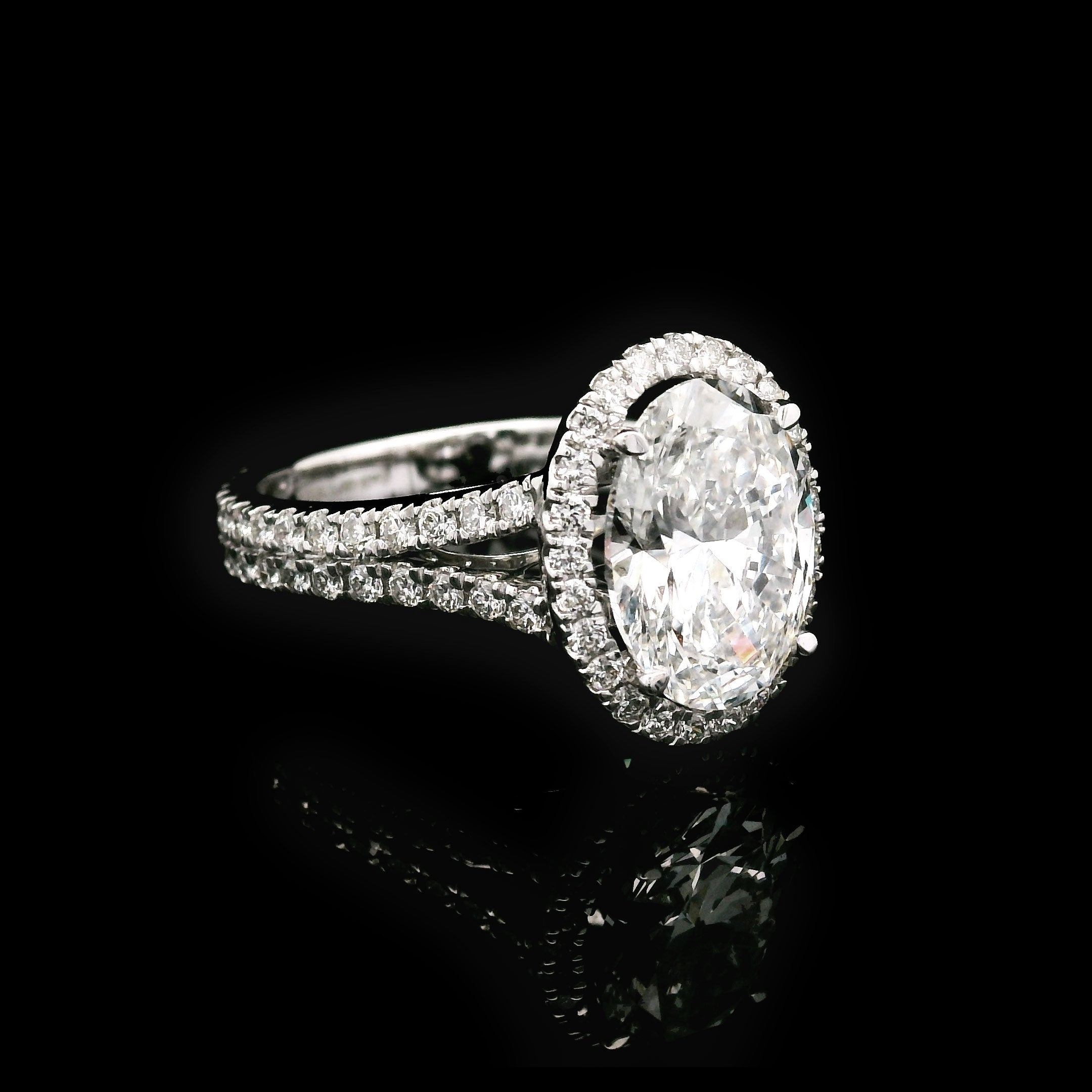 3 carat lab created oval diamond with halo and split shank left side